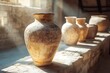 © rashyn - Ancient clay pots in sunlight, historical artifacts.