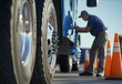 © addison - A blue semitruck truck is parked at an event with traffic cones and a man in the background examining its rear tires closeup of wheel The scene captures detailed s