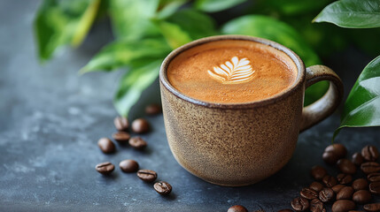 Wall Mural - Cup of coffee with coffee beans near it on old wooden table