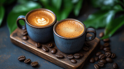 Wall Mural - Cup of coffee with coffee beans near it on old wooden table