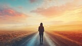 A woman standing at a crossroads, looking thoughtfully at different paths ahead, symbolizing the journey of finding one's purpose 