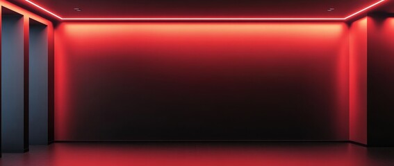 Wall Mural - A modern garage scene featuring a futuristic warehouse illuminated by red neon lights. The minimalist design showcases a dark, empty room with a panoramic view of the hallway interior, evoking