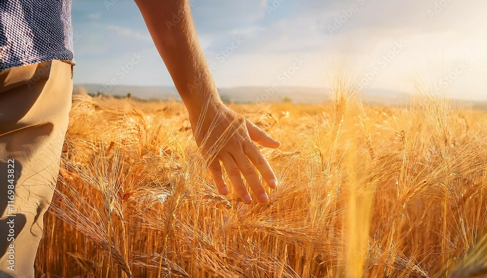 hand is reaching through a field of tall golden wheat concept of ...