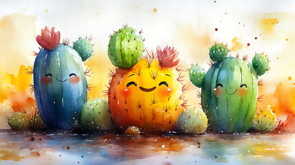 Wall Mural - Three happy cartoon cacti in watercolor, smiling faces, colorful, desert plants.