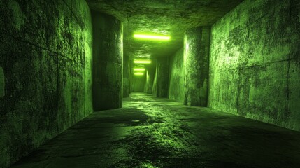 Wall Mural - A futuristic, empty hallway with a grungy, cyberpunk aesthetic, featuring a modern concrete tunnel and a dark garage. Green neon light lines add to the atmosphere, making it a great concept for a