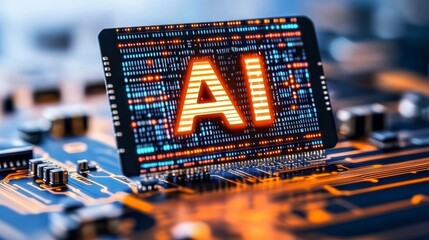 Wall Mural - The futuristic AI processor radiates with a vivid orange energy and power, as the chip of artificial intelligence glows in red light. This illustrates computer technology, circuit boards