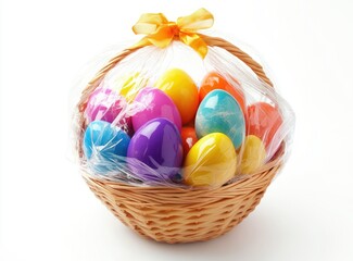 Colorful Easter eggs in a wicker basket with a yellow ribbon.