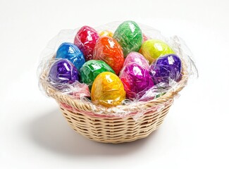 Colorful Easter eggs in a wicker basket wrapped in cellophane. (1)