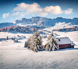 Wall Mural - Sunny morning view of Alpe di Siusi ski resort. Snowy winter scene of Dolomite Alps, Ityaly, Europe. Beauty of nature concept background.