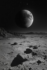 Wall Mural - black and white photo of a moon in the sky above a rocky desert. scene is serene and peaceful, as th