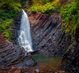 Wall Mural - rocky summer view of zhenetsʹkyy huk waterfall. fabulous morning scene of deep canyon in carpathian 