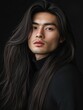 © vefimov - Stylized portrait of young man with long hair and neutral expression.