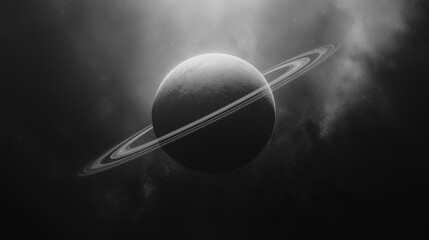 ringed planet bw, monochromatic view of a ringed planet, cosmic elegance.