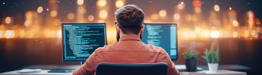 Wall Mural - software engineer coding at desk with dual monitors, focused on programming. background features blu