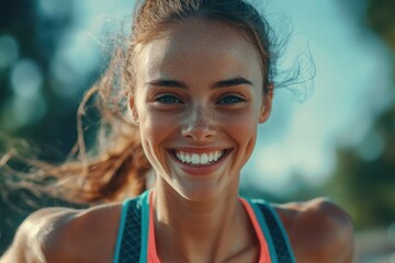 A young woman runner is smiling, showing off her muscles and athletic clothing after an intense track run.