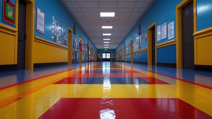 Colorful school hallway, bright interior, vibrant design, perspective view