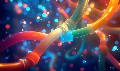 Abstract colorful tubes and glowing particles.
