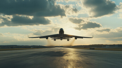 large airplane taking off from runway, back view, with beautiful sunset in background. scene captures excitement of flight and travel