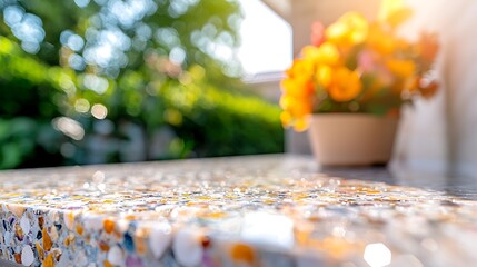 Canvas Print - Close-up of a speckled terrazzo countertop outdoors, with blurred background of greenery and flowers.