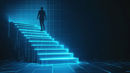 Wall Mural - person walking up glowing blue stairs, symbolizing growth and progress in digital world. futuristic design evokes sense of ambition and achievement