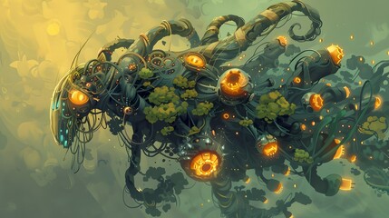 Wall Mural - Biopunk eco-theme artwork of sentient plant creature with intricate organic mechanisms and glowing elements