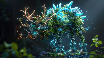 Wall Mural - Biopunk eco-theme artwork of sentient plant creature with intricate organic mechanisms and glowing elements