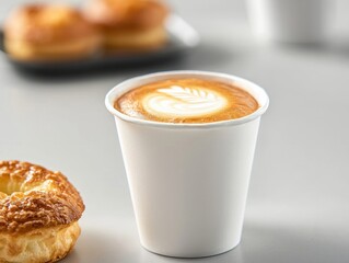 white paper cup of coffee with latte art and flaky pastry on a light gray table