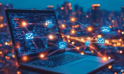 Laptop with email icons and network connections over a cityscape.