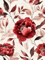 Wall Mural - Painting of red flowers with green leaves. The flowers are in various sizes and are scattered throughout the painting. The background is a light color. The overall mood of the painting is vibrant