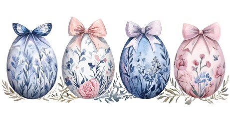 Wall Mural - Four Watercolor Easter Eggs Decorated with Flowers and Bows