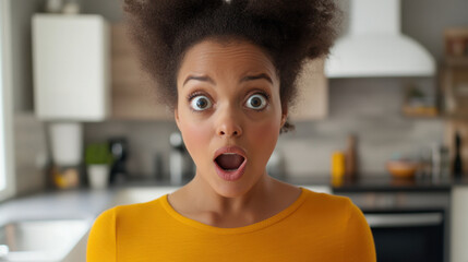 Wall Mural - woman with shocked expression stands in modern kitchen, showcasing surprise and disbelief. Her hair is styled in unique way, adding to emotional impact