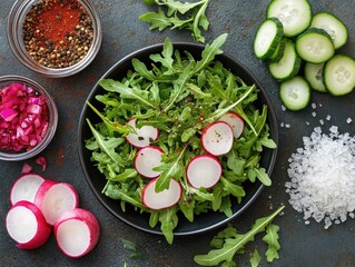 Poster - Bowl of salad with radishes and cucumbers on a table. The salad is garnished with salt and pepper