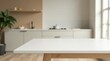 © vattana - Empty kitchen table with blurred background of modern cabinetry and window