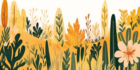 Autumnal hillside floral illustration, website header, nature background.