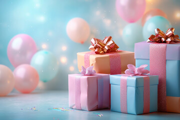 Pastel gift boxes with ribbons and balloons on a sparkly blue background.