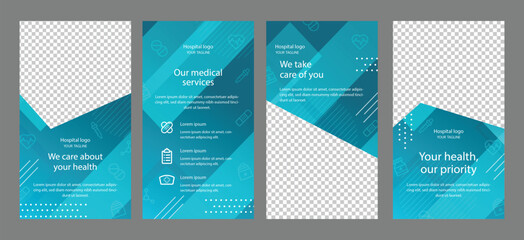 corporate healthcare cover, back page a4 template design and flat icons for a report and medical bro