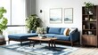 © Nesham - Modern living room with a blue sofa and wooden coffee table, featuring a rug
