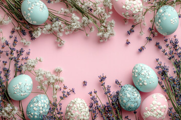 Wall Mural - Easter eggs and flowers frame on pink background.