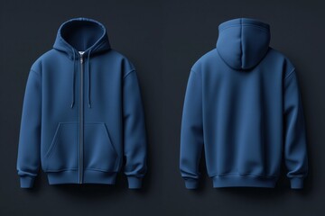 a blue color zip-up zipped hoodie mockup from the front and back on a dark background. the hoodie fe
