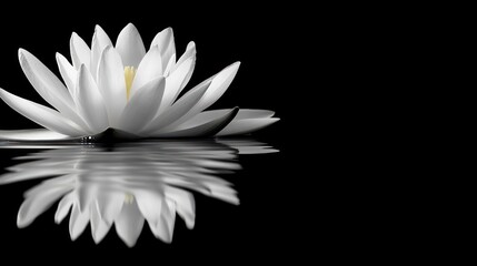 Wall Mural - A single white water lily floats on black water, its reflection mirrored perfectly.