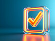 © Pukan - A glowing checkmark icon inside a transparent cube, symbolizing approval or completion against a blue background.