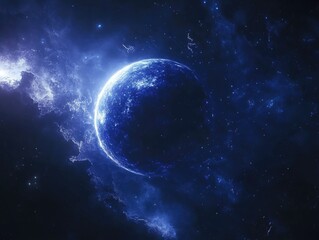Wall Mural - blue planet in the middle of a dark blue sky. the planet is surrounded by a lot of stars and the sky