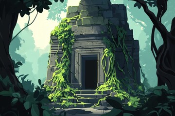 Wall Mural - Overgrown Stone Temple Hidden Deep Within Lush Jungle Foliage