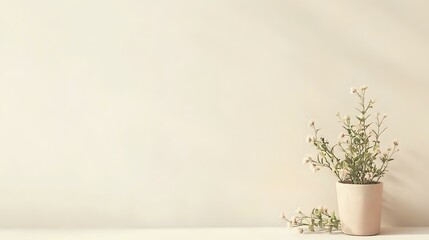 Wall Mural - A pale cream background with minimal textures and a flower pot in the bottom right corner, leaving ample open space