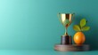© Chananphat - [symbol of success excellence status recognition] Victory Celebration with Trophy, Wooden Block & Fresh Oranges on Blue Wall