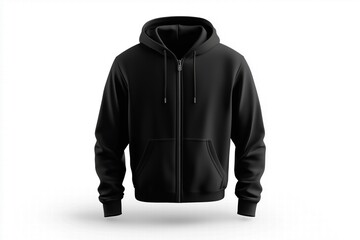 a black zip-up zipped hoodie mockup isolated on white background. the hoodie features a front zipper
