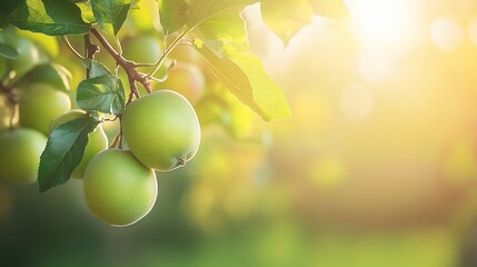 Green apples on a tree branch in sunlight.