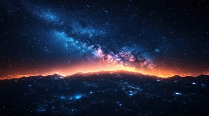 Cosmic landscape with stars and glowing horizon.