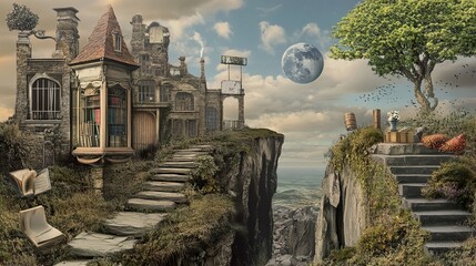 Canvas Print - Surreal Cliffside House with Library and Moonlit Sky