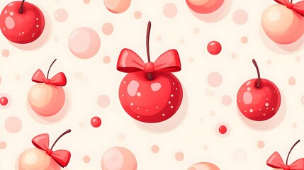 Canvas Print - Red Cherries With Bows and Bubbles Pattern Design